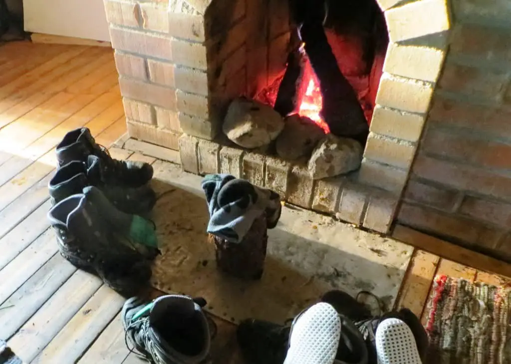 dry our boots by a fire place and under constant sun