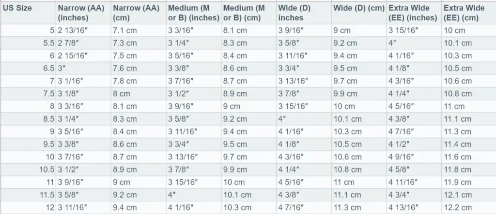 Women Length and Width Size Chart