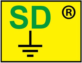 yellow square with the letters “SD” footwear