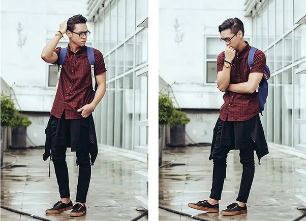 Maroon shirt with a pair of black jeans